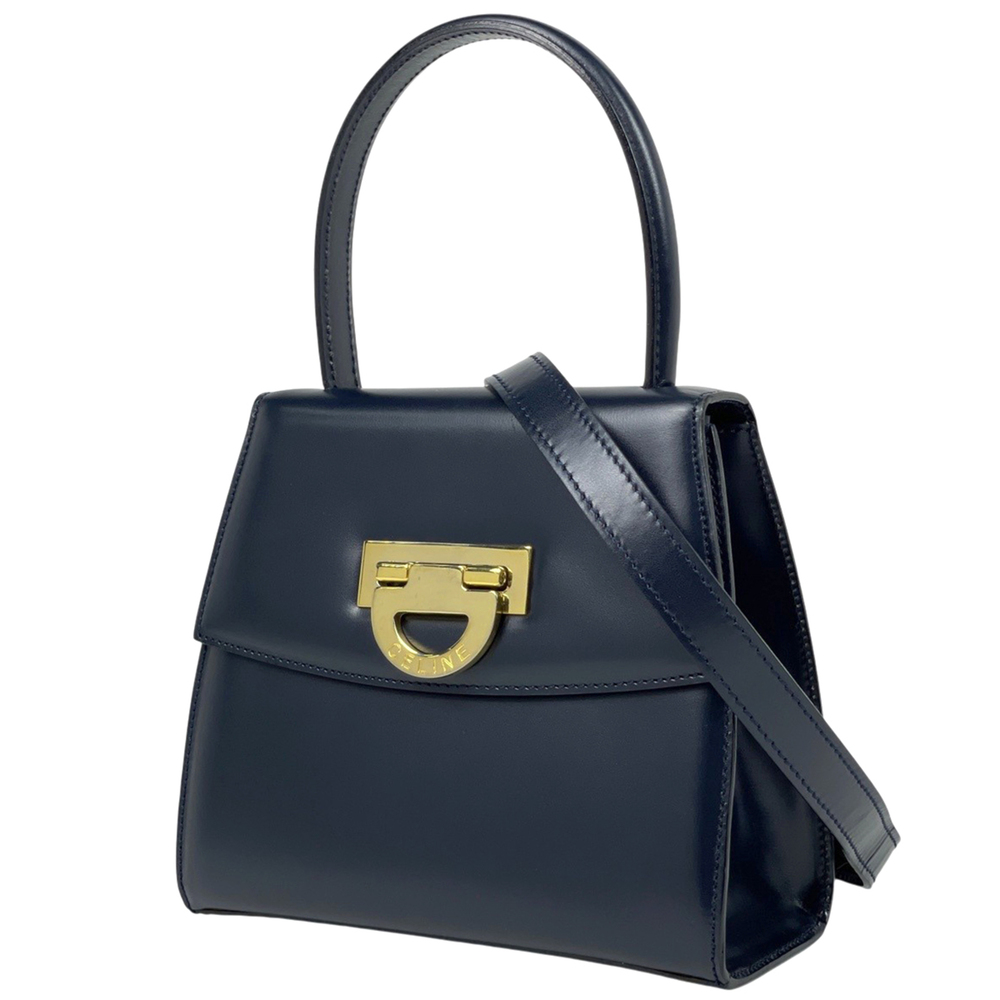 Celine CELINE Logo Handbag 2-Way Leather Navy Women's